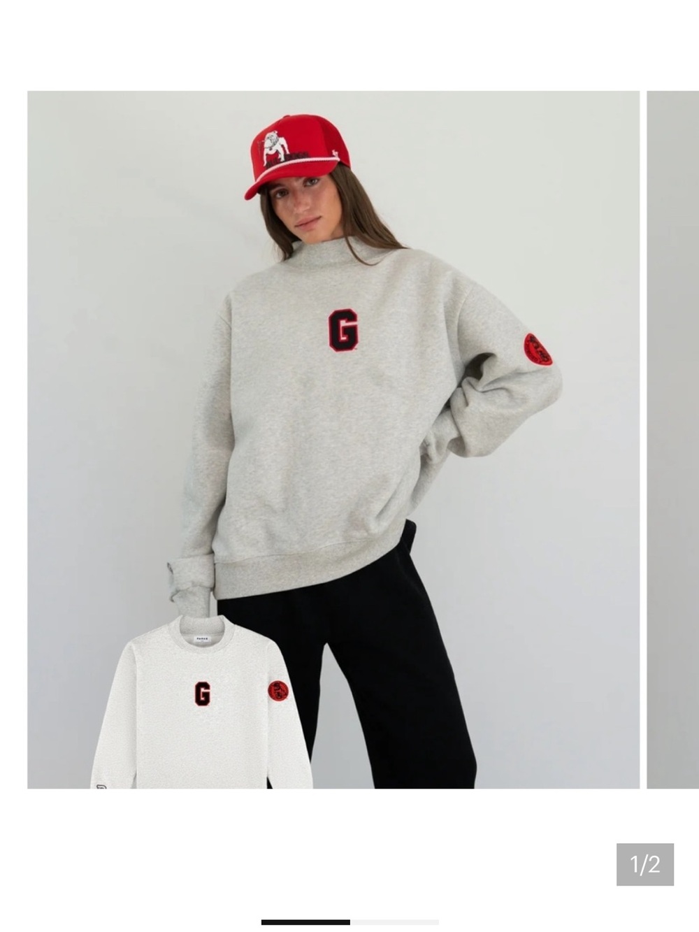 Relaxed Crewneck Sweatshirt with Red 'G' Patch - Light Gray